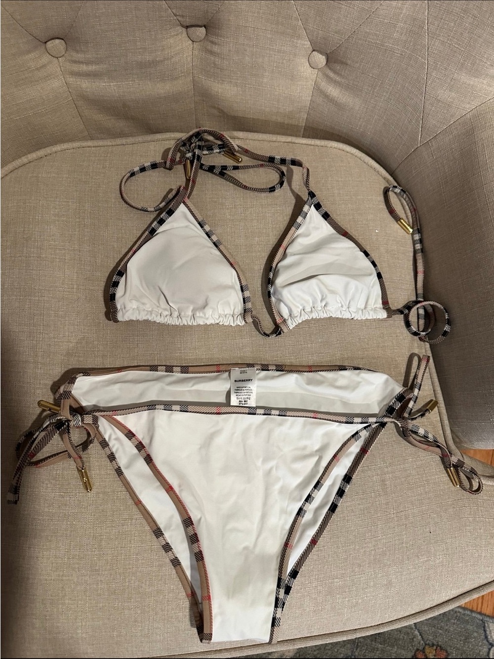 Burberry White & Beige Plaid Triangle String Bikini
